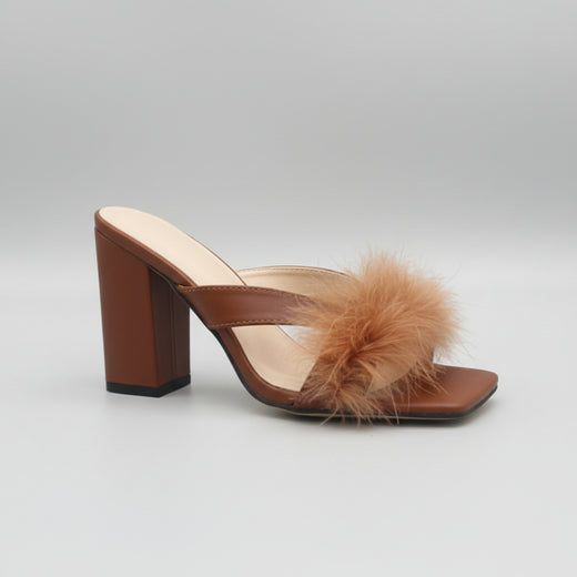 Feather-Trim Block Heel Mule
