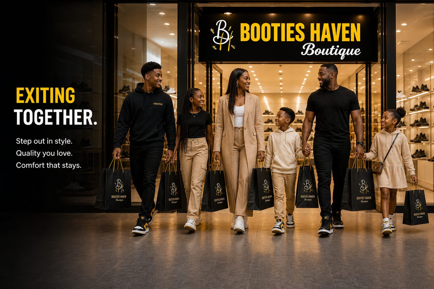 Family leaving Booties Haven Boutique after collecting footwear